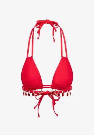 Haut de bikini rouge avec des bonnets triangulaires, en matière douce, avec des liens ajustables au cou et au dos, et une bordure décorative de gemmes en forme de goutte d'eau.