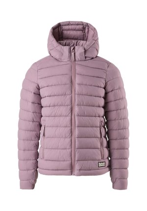 Hellviolette gesteppte Steppjacke mit Kapuze, Frontreißverschluss, seitlichen Reißverschlusstaschen und horizontalen Steppnähten.