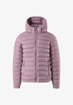 Light purple quilted puffer jacket with hood, front zipper, zippered side pockets, and horizontal stitching details.