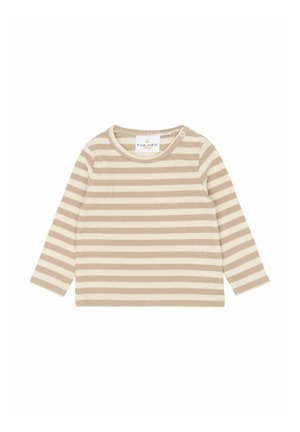 Hosszú ujjú ing bézs és krémszínű csíkokkal, kerek nyakkivágással és két patentos gombbal a bal vállnál a könnyű felvételhez.