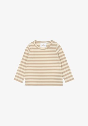 Langärmeliges Hemd in beigefarbenen und cremefarbenen Streifen, mit rundem Ausschnitt und zwei Druckknöpfen auf der linken Schulter für leichtes An- und Ausziehen.