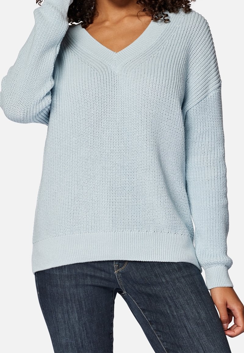 Hellblaues Strickpullover mit V-Ausschnitt, lockerer Passform, gerippten Bündchen und Saum sowie strukturiertem Muster. Getragen mit dunklen Jeans.