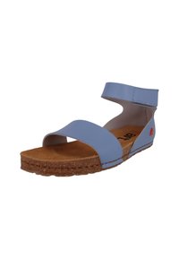 Sanda blue con tiras, suela de corcho, correa superior ajustable y un acabado suave. Presenta un pequeño logo rojo en el lateral.