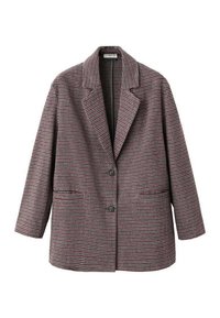 Blazer checké marron et bordeaux avec des revers crantés, deux boutons et poches latérales, fabriqué à partir d'un tissu texturé.