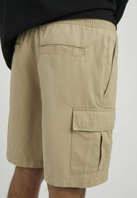 Shorts cargo beiges avec une taille élastique, plusieurs poches et une texture de tissu lisse et léger. Design simple sans motifs.
