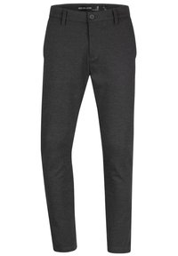Pantalon gris foncé, coupe slim, en tissu extensible avec devant plat, fermeture par bouton et passants pour ceinture. Conception de poche sans couture.