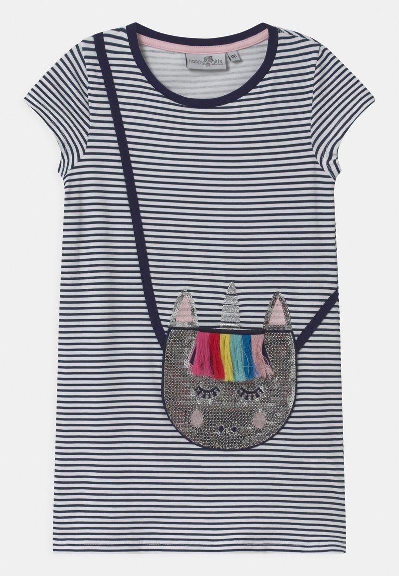 Randig klänning i marinblått och vitt bomull, med en grå paljett-unicornficka med färgglada tofsar. Rund halsringning och korta ärmar.