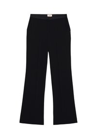 Pantaloni neri a gamba larga con una texture liscia, una vita piatta e due pieghe frontali. Realizzati in tessuto leggero, adatti per varie occasioni.