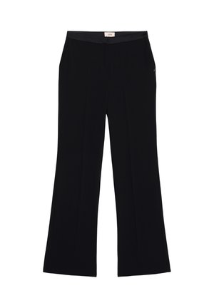 Zwarte wijde broek met een soepele textuur, een vlakke tailleband en twee plooien aan de voorkant. Gemaakt van lichtgewicht stof, geschikt voor verschillende gelegenheden.