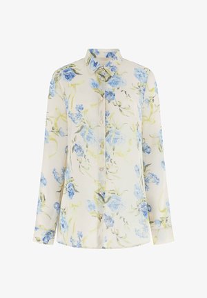 Lange mouw blouse met knoopsluiting en puntige kraag, met een crèmekleurige achtergrond en een blauwe bloemenprint met groene bladeren.