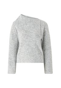 Grauer Pullover aus weichem Strickstoff mit einem einzigartigen asymmetrischen Ausschnitt und langen Ärmeln. Hat eine lässige, cropped Passform.