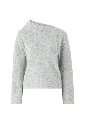 Gray sweater made of soft knit fabric with a unique asymmetrical neckline and long sleeves. Features a relaxed, cropped fit.