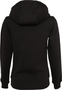 Sudadera negra con capucha, de textura suave, puños y dobladillo acanalados. Presenta una vista trasera que resalta la capucha y el diseño minimalista.