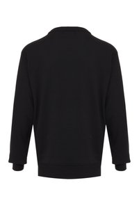 Sweatshirt nero con scollatura rotonda, maniche lunghe e polsini a costine. Il tessuto appare morbido con una texture liscia, senza motivi visibili.