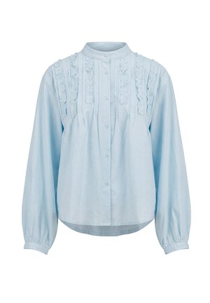 Hellblaue langärmelige Bluse mit gerafften Falten vorne, Knöpfen in der Mitte und kleinem rundem Kragen.