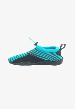 Waterschoenen met een zwart en turquoise gestreept ontwerp, een flexibele mesh bovenkant en een gevormde rubberen zool voor grip.