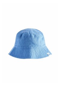 Blauer Bucket Hat aus strukturiertem Stoff mit einem breiten Rand. Verfügt über ein kleines weißes Etikett mit einem Sternakzent an der Seite.