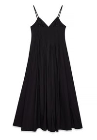 Svart maxiklänning med tunna axelband, en djup V-ringning, plisserad överdel och flytande kjol, med en mjuk tygkvalitet och en minimalistisk design.
