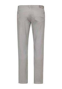 Gray denim jeans with a straight-leg cut, featuring two back pockets, subtle stitching, and a leather brand patch on the waistband.