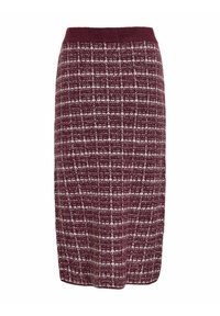 Knee-length, burgundská tužková sukně vyrobená z texturované látky s bílým kostkovaným vzorem. Elastický pás pro pohodlí a dobré padnutí.