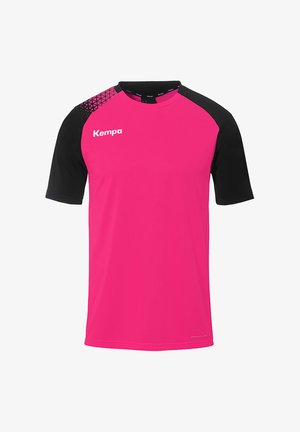 Pink sports shirt with black short sleeves, featuring geometric accents on the shoulder. Made of breathable fabric, includes logo detail.