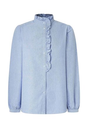 Light blue, long-sleeve shirt with a high collar, front ruffle detail, and button closure. Made from a soft, textured fabric.