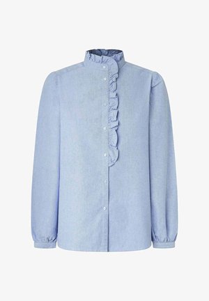 Camicia azzurro chiaro a maniche lunghe con colletto alto, dettaglio arricciato sul davanti e chiusura con bottoni. Realizzata in un morbido tessuto testurizzato.
