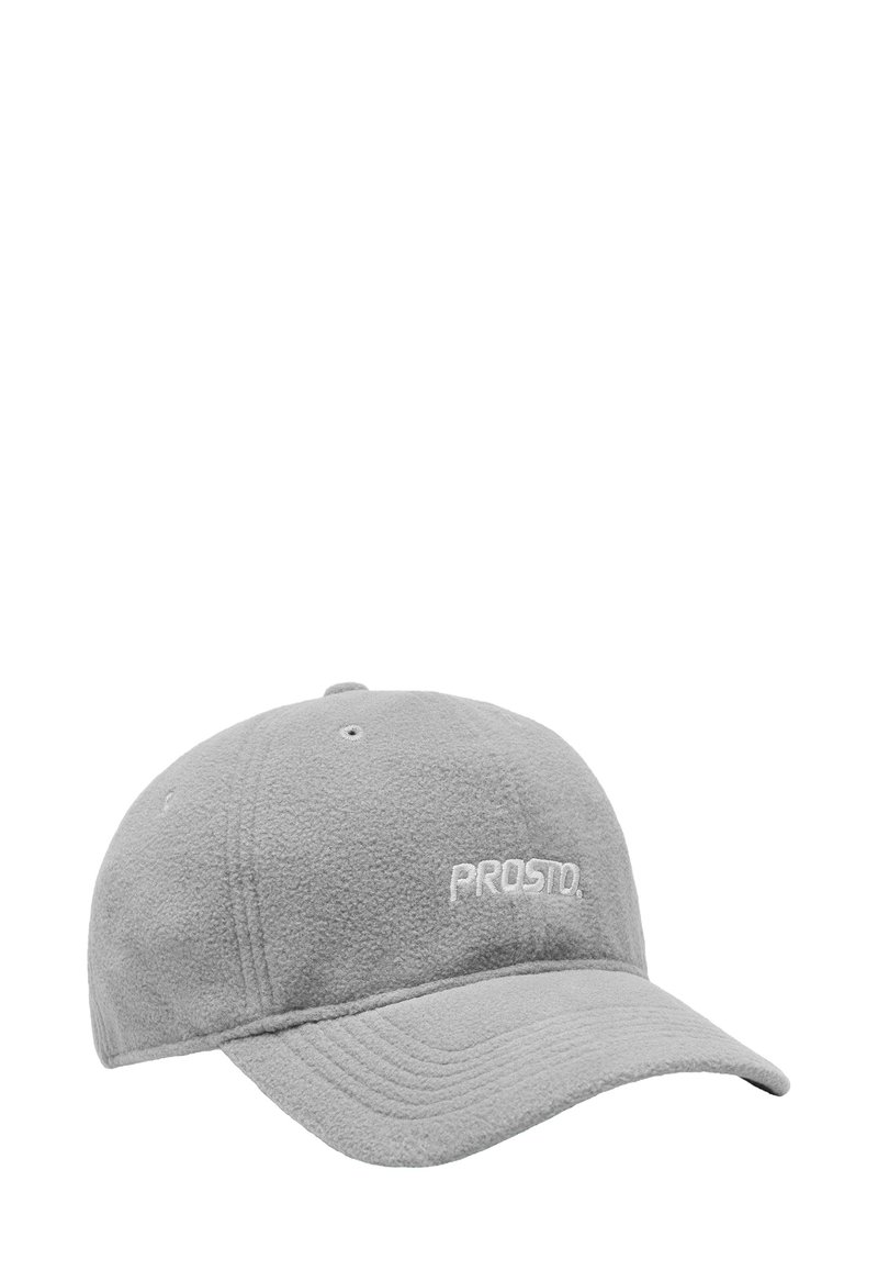 Szara czapka z daszkiem z polaru z zakrzywionym daszkiem i regulowanym paskiem; na przodzie haftowane białe logo "PROSTO". Miękka w dotyku, o minimalistycznym designie.