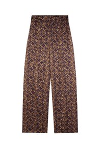 Braun gemusterte weit geschnittene Hose mit geometrischem Druck in dunkleren Farbtönen. Elastischer Bund, glatte Textur und cropped Länge.