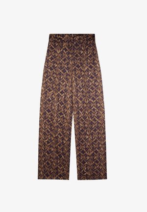 Brune mønstrede vide bukser med et geometrisk print i mørkere nuancer. Elastisk talje, glat tekstur og cropped længde.