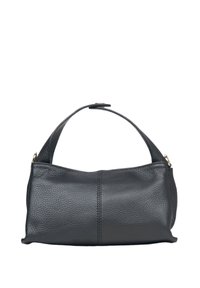 Czarna skórzana torebka z teksturowym wykończeniem, z jednym uchwytem i prostym kształtem. Posiada widoczne szwy i akcenty w kolorze złotym.