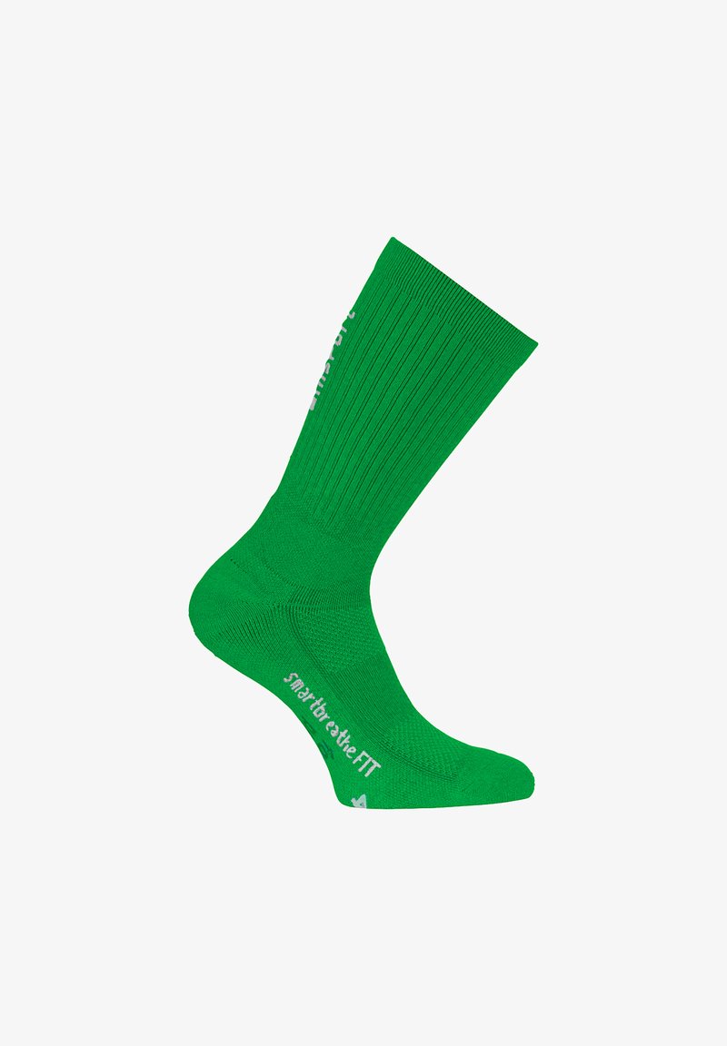 Grüne Sportsocke mit geripptem Textur, ausgestattet mit verstärktem Zeh und Ferse. Enthält bedruckte Markenkennzeichnung an der Seite in Weiß.