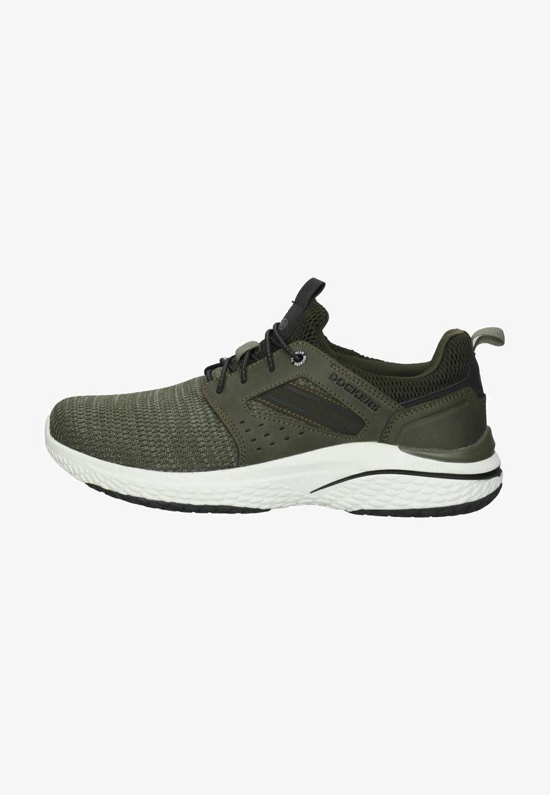 Green knit athletic shoe with a textured upper, black accents, flexible sole, and pull tab at the heel. Features breathable mesh design.