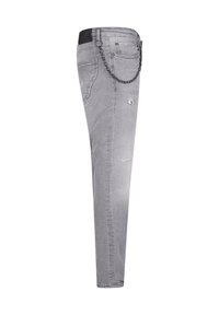 Szare dżinsy o slim fit, z postarzanym wzornictwem, przednimi i tylnymi kieszeniami oraz akcentem w postaci łańcuszka przymocowanym do pętli na pasek.