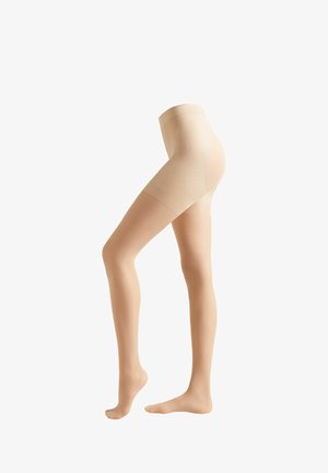 Beige strømpebukser med en glat, gennemsigtig tekstur, der har et højt talje-design, forstærket tå og et åndbart, let materiale.