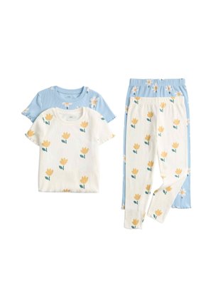 Zwei Sets aus rippenbestrickten Baumwolloberteilen und Leggings für Kinder, eines in Creme und eines in Blau, beide mit gelben Blumenmustern.