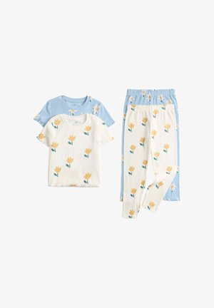 Zwei Sets aus rippenbestrickten Baumwolloberteilen und Leggings für Kinder, eines in Creme und eines in Blau, beide mit gelben Blumenmustern.
