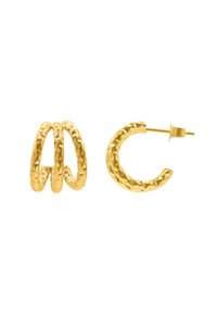 Orecchini a cerchio in oro con una texture martellata. Una coppia presenta tre anelli intrecciati, mentre l'altra è un design a cerchio aperto singolo.