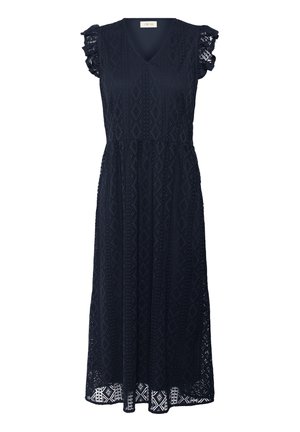 Mornarsko modra midi obleka z V-izrezom, čipkastimi volančki na rokavih, vezenimi geometrijskimi vzorci in valovitim robom.