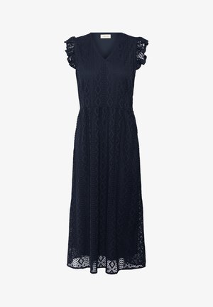 Marineblauwe midi-jurk met een V-hals, kanten ruffle-mouwen, geborduurde geometrische patronen en een geschulpte zoom.