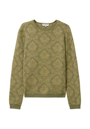 Olivengroene trui met een ingewikkeld goudkleurig bloemen damastpatroon, ronde halslijn, lange mouwen en geribbelde manchetten en zoom.