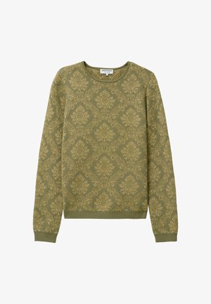 Olivengroene trui met een ingewikkeld goudkleurig bloemen damastpatroon, ronde halslijn, lange mouwen en geribbelde manchetten en zoom.