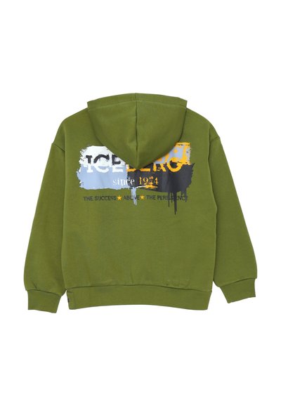 Felpa con cappuccio verde oliva con testo multicolore a macchie di vernice che dice "ICEBERG dal 1974" e "IL SUCCESSO AL DI SOPRA DELLA PRESENZA" sulla parte posteriore.