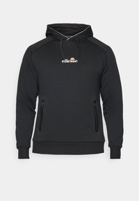 Black hooded sweatshirt made of cotton blend, featuring a front logo, zippered side pockets, and contrast piping along the hood.