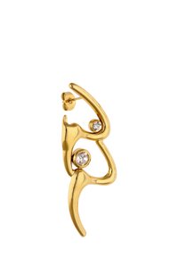 Zlaté náušnice s tekutým, abstraktním designem, v němž se nacházejí dva čisté krystaly. Tvar je protáhlý s zakřivenými akcenty a bezpečným zarážkovým zapínáním.