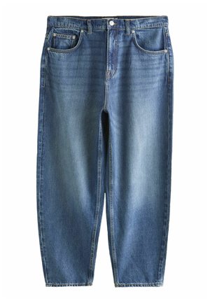 Blue faded straight-leg denim jeans with front button, zipper fly, and five pockets, laid flat on a white background.