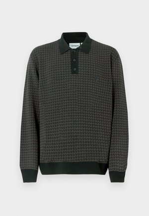 Dark gray patterned long-sleeve polo shirt with a black collar, three-button placket, and ribbed cuffs at the sleeves and hem.