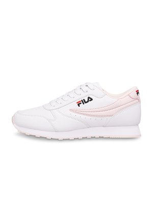 White low-top Fila sneaker with light pink accents, lace-up closure, and branded logo on the side and heel areas.