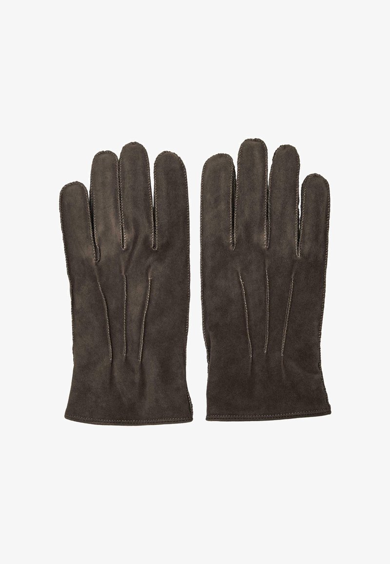 Braune Wildlederhandschuhe mit acht Fingern, die eine glatte Textur und detaillierte Nähte entlang der Kanten aufweisen. Klassisches Design, vielseitig einsetzbar.