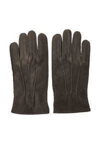 Braune Wildlederhandschuhe mit acht Fingern, die eine glatte Textur und detaillierte Nähte entlang der Kanten aufweisen. Klassisches Design, vielseitig einsetzbar.